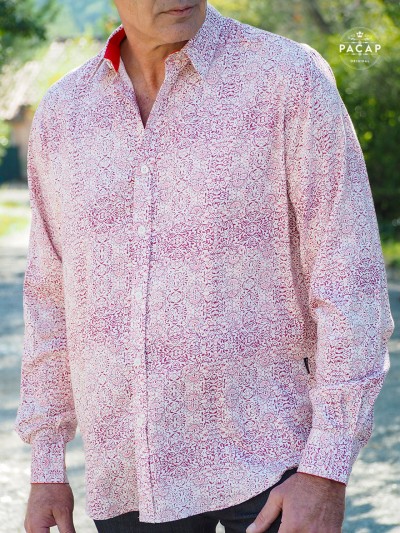 pink bohemian shirt, boho chic shirt, pink long sleeve shirt, men's shirt, pink printed shirt