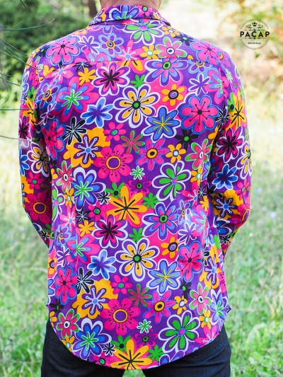 chemise florale colorée, chemise violette, chemise année 60 70 80 90, disco, rétro, vintage, hippie, funcky