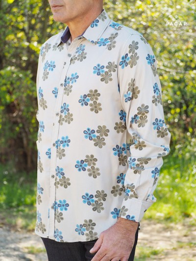 chemise verte imprimé broderie de fleurs sur viscose, chemise élégante, chemise decontractée, chemise homme