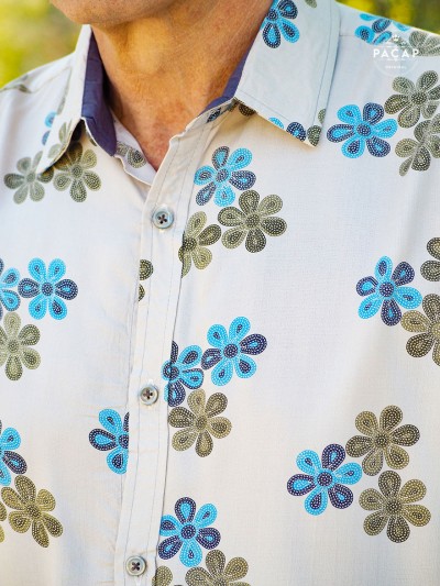 chemise homme en viscose à manche longue, chemise a fleurs, chemise verte, chemise boutonnée