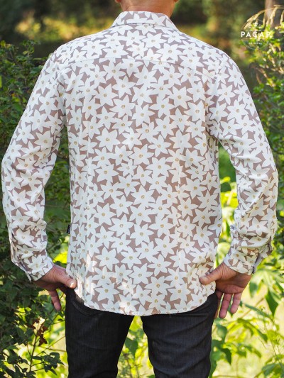 chemise en viscose gris imprimé floral blanc, chemise legere, chemise en rayonne, chemise elegante