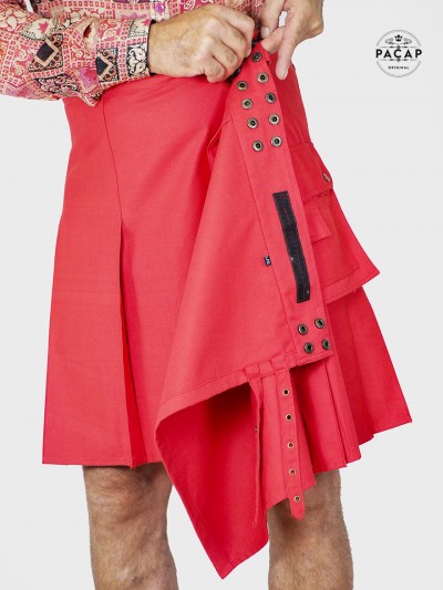 kilt rouge colorée fendue pour homme jupe rouge unie portefeuille avec scratch fermeture et bouton pression taille unique