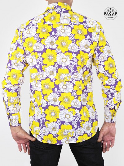chemise magnum violette serie tv tom selleck belleville aloha hawaienne haiti floral jaune et blanc homme