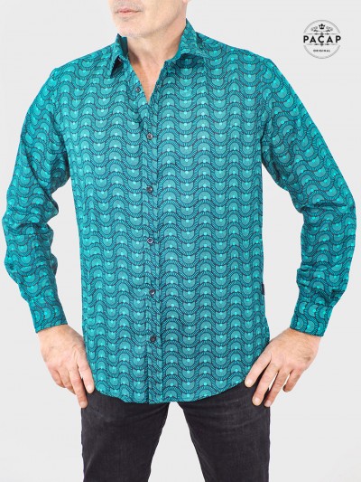 chemise Seigaiha vert turquoise imprimé traditionnel éventail japonais pour homme a manche longue a revers col pointu