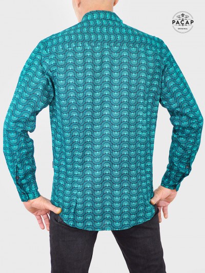 chemise verte pour homme imprimé Seigaiha noire coupe cintrée confort tenue decontractée en coton bouton nacré