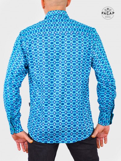 chemise bleue pour homme coton imprimé arabesque vitrail fenetre tartan bleu, manches longues, chemise atypique