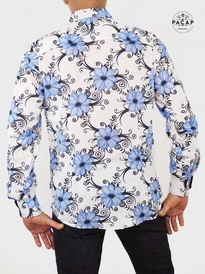 chemise de plage pour homme, chemise blanche aloha malibu, vacances cocktail voile de coton fleurs bleue