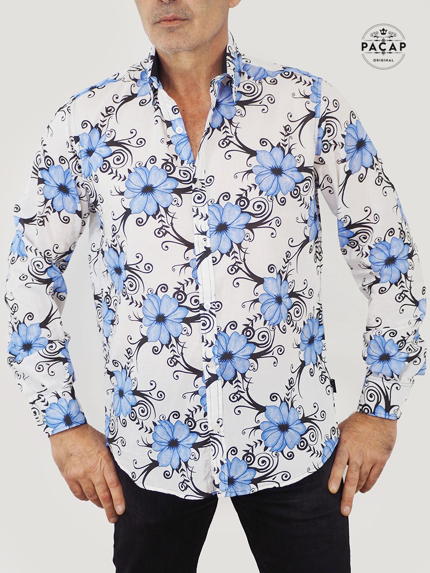 chemise blanche décontractée imprimé a fleurs bleues hawaien coton fin leger pour homme chemise de vacance de plage