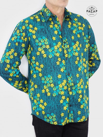 chemise verte a fleurs jaune, manche longue pour homme, en coton imprimé liberty bouton classique noir, coupe cintrée