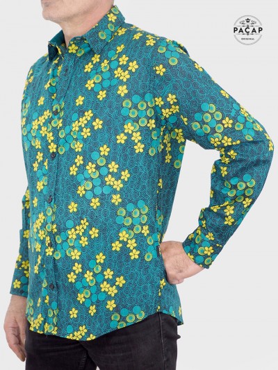 grossiste en chemise a fleurs en france marseille PACA , chemise fleurs jaune, chemise bleu canard, chemise verte pour homme