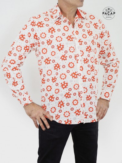 chemise blanche a fleurs rouge pour homme, chemise décontractée, habillée, chemise coqueliqot, chemisevoile de coton