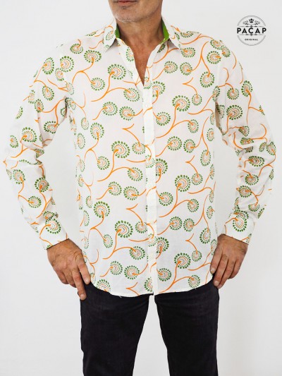 chemise blanche en voile de coton imprimé vert fleurs de pissenlit motif blossoms végétale à manche longue pour homme