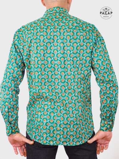 chemise ethnique verte Seigaiha pour homme tissu japonais imprimé éventail bouton nacrés manche longue