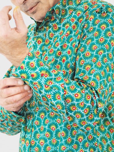 chemise verte imprimé kimono japonais Seigaiha motif eventail pour homme a manche longue en coton