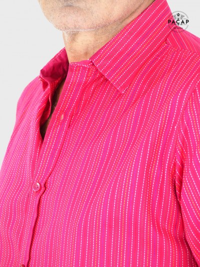 chemise rose cerise rayée pour homme col francais pointu boutonné en coton tissé ligne multicolore