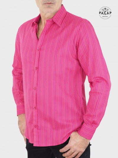 chemise formel rose framboise coupe cintrée pour homme à rayures manches longues boutons classique