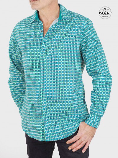 chemise verte imprimée géometrique en coton manche boutonnée taille ajustée pour homme bouton pression