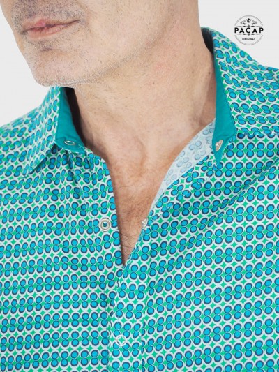 chemise verte homme à bouton pression motif pois infini, chemise classique, chemise imprimée points