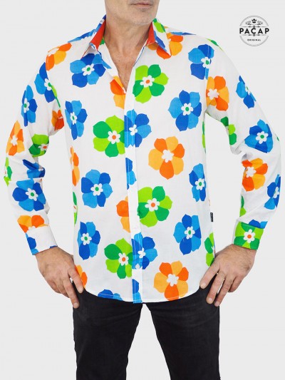 chemise hawaienne blanche a fleurs verte orange et bleue en voile de coton imprimé a manches longues