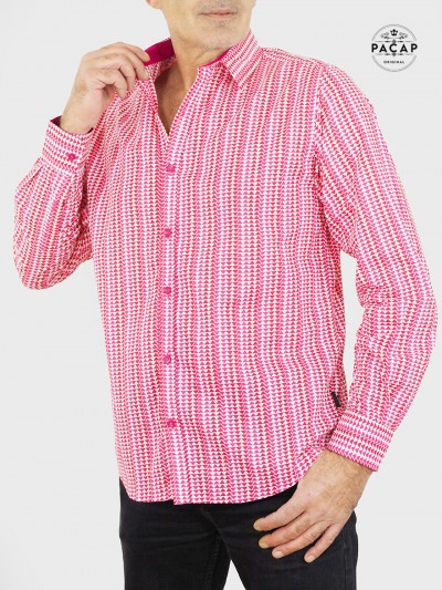 chemise blanche imprimé geometrique petits triangle rose manche longue en voile coton fin pour homme