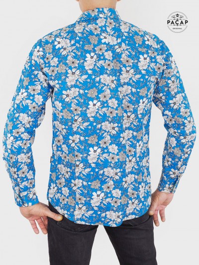 chemise bleue imprimé a fleurs habillée boutique marque francaise pour homme manche longue