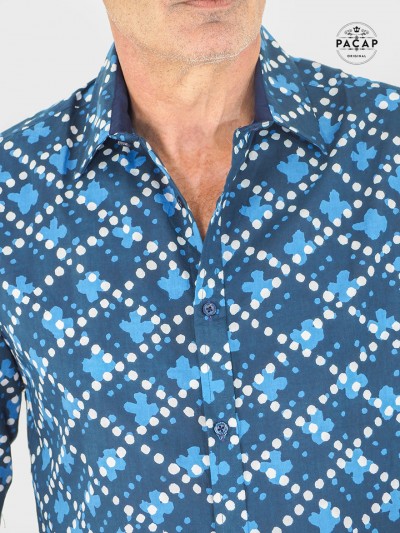 chemise bleue imprimé originale pois blanc tissi leger en coton confortable site de chemise homme