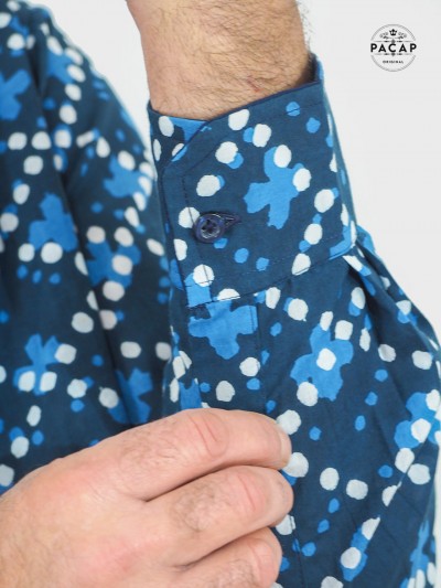 Chemise bleue en coton imprimée manche longue double bouton à cornes bleue marine pour homme