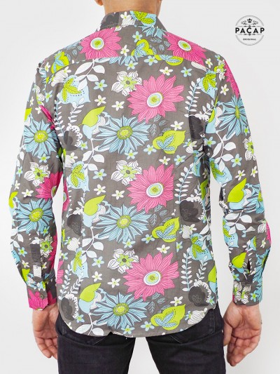chemise hawaienne pour homme flurs multicolore coton imprimé manche longue marque francaise