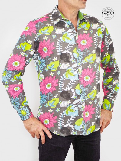 chemise aloha décontractée imprimé tropical vegetal coton coupe slim taille ajustée fleurs rose jaune et bleue