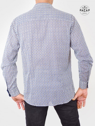 chemise ville élégante bouton pression bleue pour homme petit motif abtrait pour homme en coton