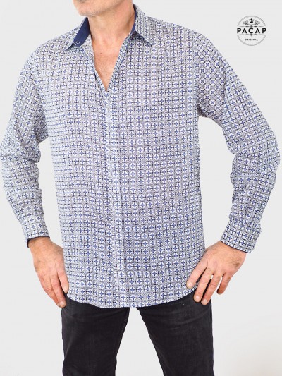 chemise de ville bleue pour homme, coton fin manche longue imprimé micro motif pour homme