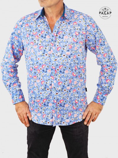 chemise liberty bleue pour homme à manches longue pour homme pas cher boutique en ligne marque francaise livraison rapide