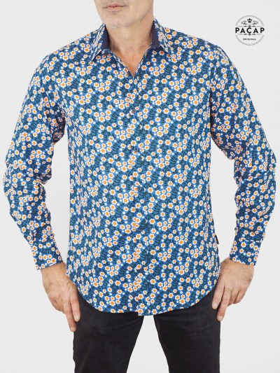 chemise homme imprimée liberty bleue manches longues homme col boutonné a revers tissu confortable en coton