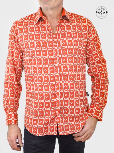 chemise ocre motif ethnique, chemise originale, chemise marron vintage, chemise orange, chemise homme