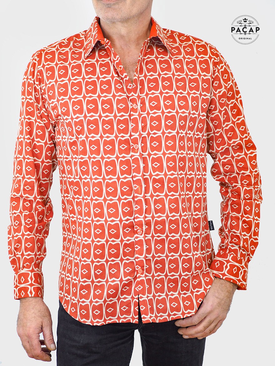 chemise ocre motif ethnique, chemise originale, chemise marron vintage, chemise orange, chemise homme