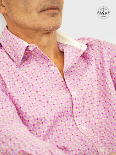 chemise fantaisie couleur violette micro motif beige pour homme coton epais manche longue