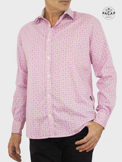 chemise violette imprimée manche longue coupe cintrée ajustable manche à bouton corne pour homme