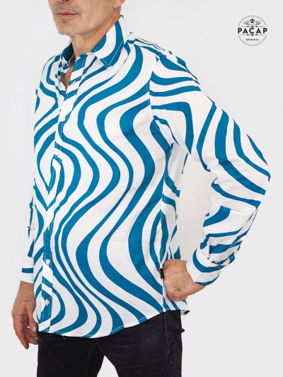 chemise vintage motif rétro psychédelique ondulation abstrait en voile de coton manche longue