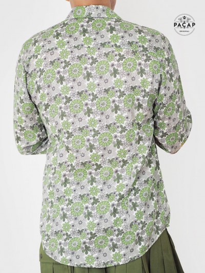 chemise militaire a fleurs, chemise kaki couleur trelli, chemise verte pour homme, chemise cintrée