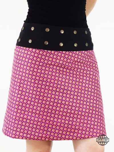 Jupe rose motif géometrique  pour femme coupe patineuse et portefeuille en coton reversible ceinture noire