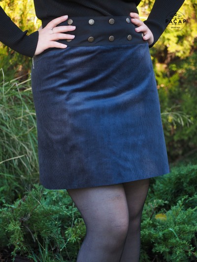 jupe velours côtelé femme couleur bleu foncé coupe droite fendu taille unique enveloppante