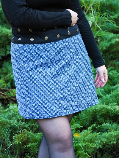 jupe bleue femme imprimé a carreaux coupe portefeuille réversible