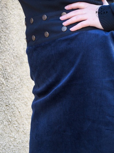 jupe en velours bleue epaisse ceinture bouton pacap