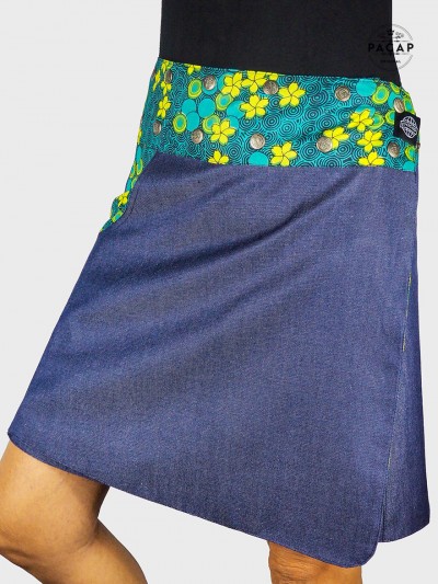 jupe portefeuille en jean bleu multi taille réglable pour femme coupe trapèze fermeture wrap croisée