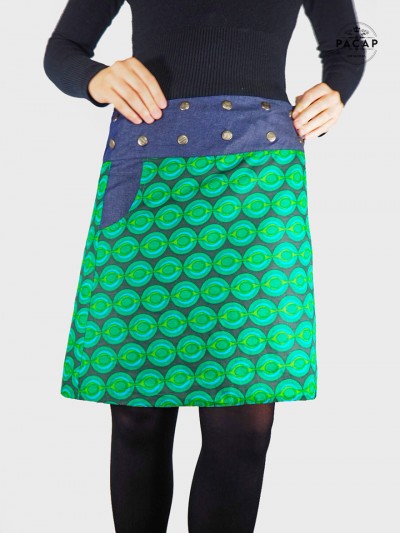 jupe genoux pour femme coton imprimé ogee  vert avec poche ceinture bouton pression jean