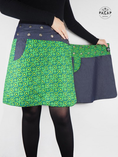 jupe verte portefeuille avec poche coupe wrap enveloppante croisée imprimé géometrique pour femme