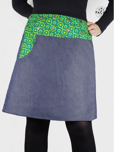 Jupe jean portefeuille pour femme, taille haute ajustable avec poche ceinture imprimé verte boutonnée