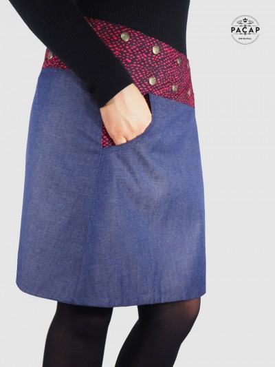 jupe jean bleue a poche pour femme ceinture boutonnée coupe droite ceinture bouton devant