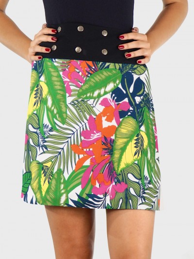 jupe grande taille verte imprimé tropical floral multicolore en viscose ceinture noire boutonnée