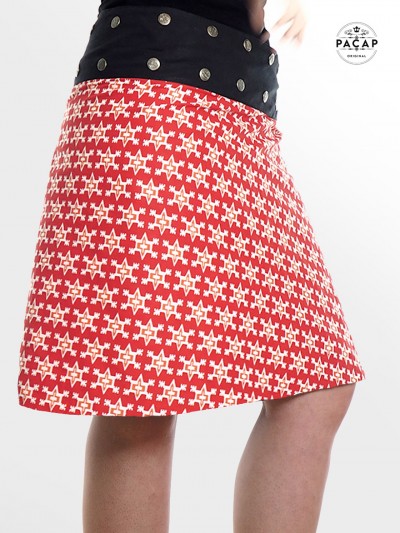 jupe imprimée ethnique rouge ceinture grande taille réversible coupe portefeuille pour femme ronde
